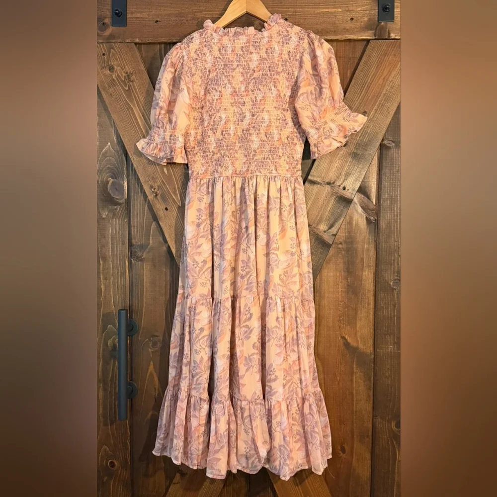 Ivy City Co Peach Purple Smocked Floral Mushroom Print Puff Short Sleeve Dress - Picture 5 of 7